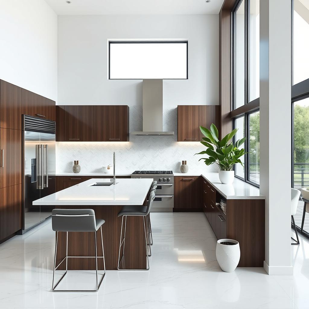 A modern, sleek kitchen design featuring an open layout