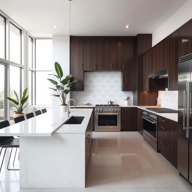 A modern, sleek kitchen design featuring an open layout