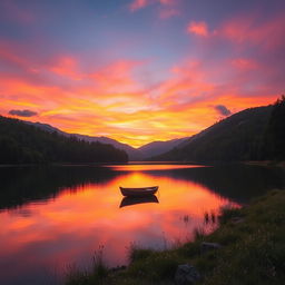 A serene landscape at sunset featuring a tranquil lake surrounded by lush green forests and mountains in the distance