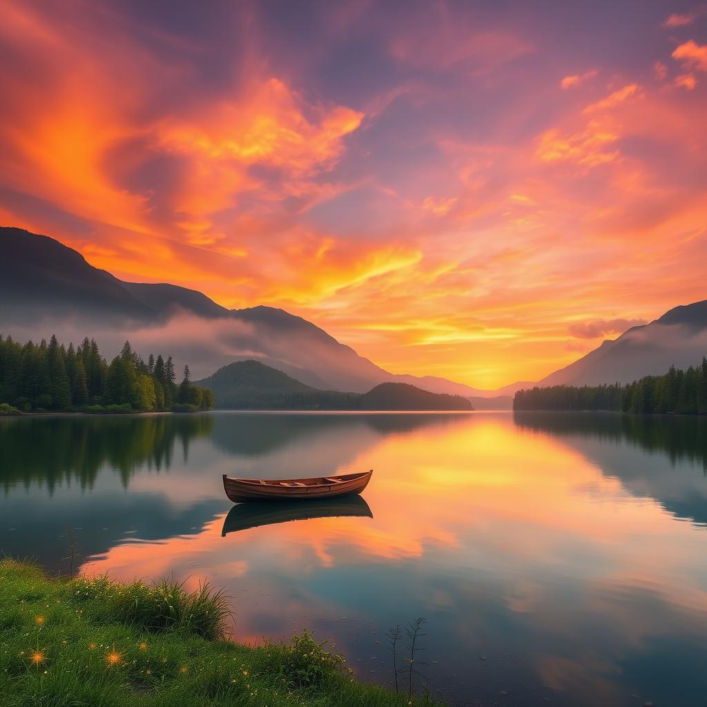 A serene landscape at sunset featuring a tranquil lake surrounded by lush green forests and mountains in the distance