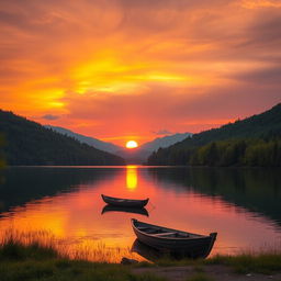 A serene landscape at sunset featuring a tranquil lake surrounded by lush green forests and mountains in the distance