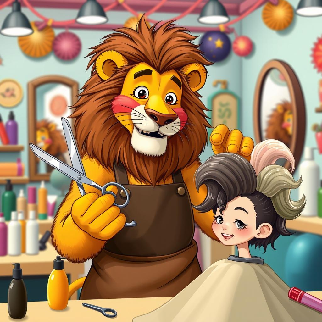 A playful scene featuring a lion as a hairdresser, skillfully holding a pair of shiny scissors