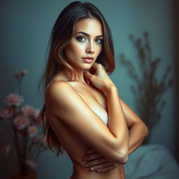 A beautiful, confident woman standing gracefully in a serene, artistic environment
