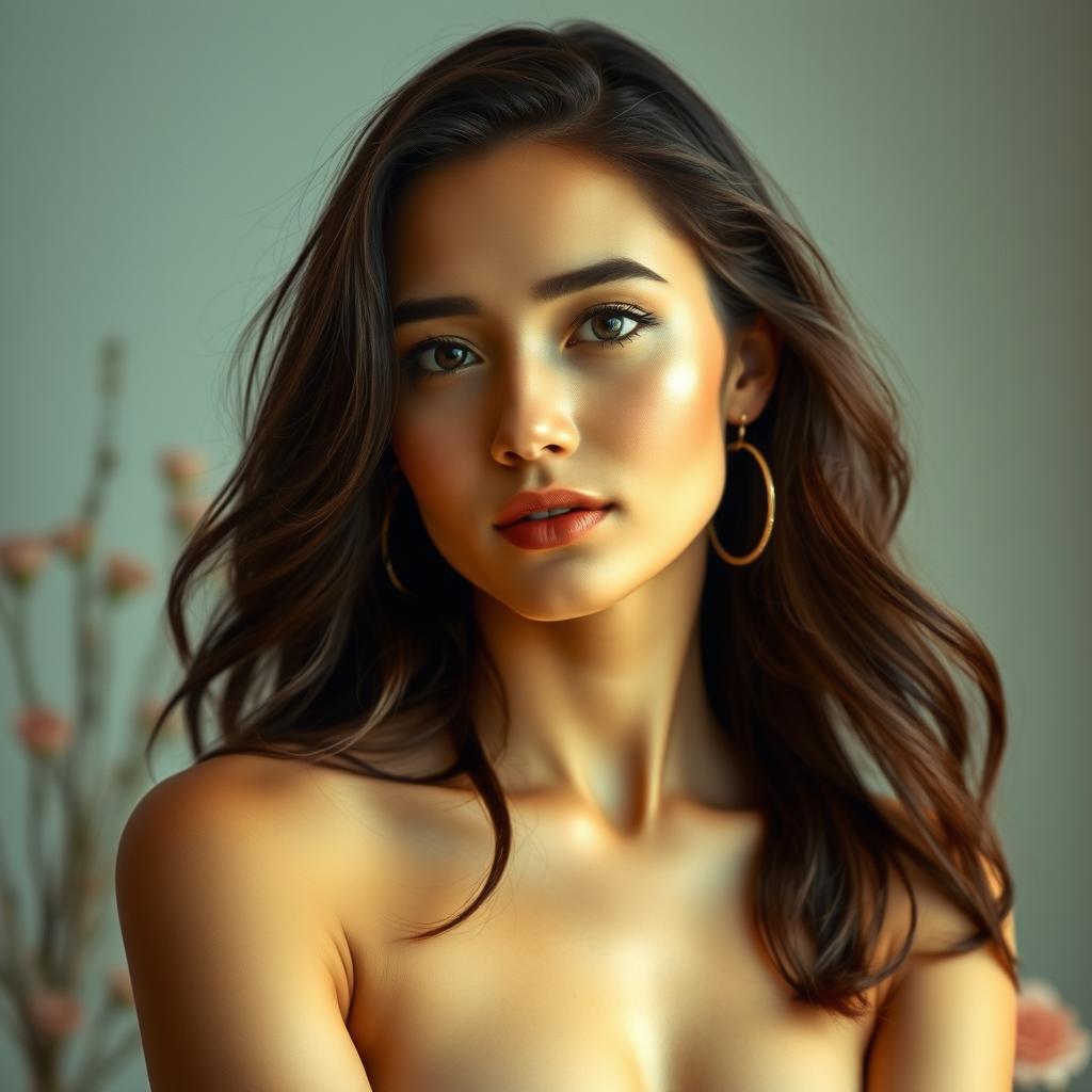 A beautiful, confident woman standing gracefully in a serene, artistic environment