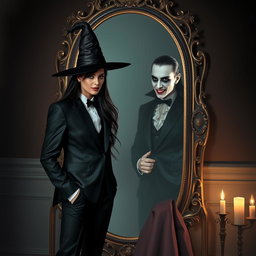 A beautiful couple consisting of a man and a woman stands near an ornate, antique mirror