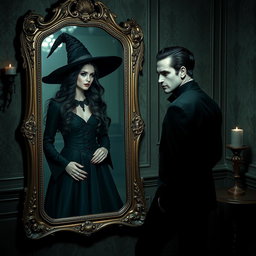 A beautiful couple consisting of a man and a woman stands near an ornate, antique mirror