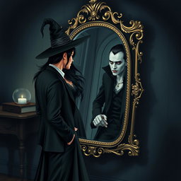 A beautiful couple consisting of a man and a woman stands near an ornate, antique mirror