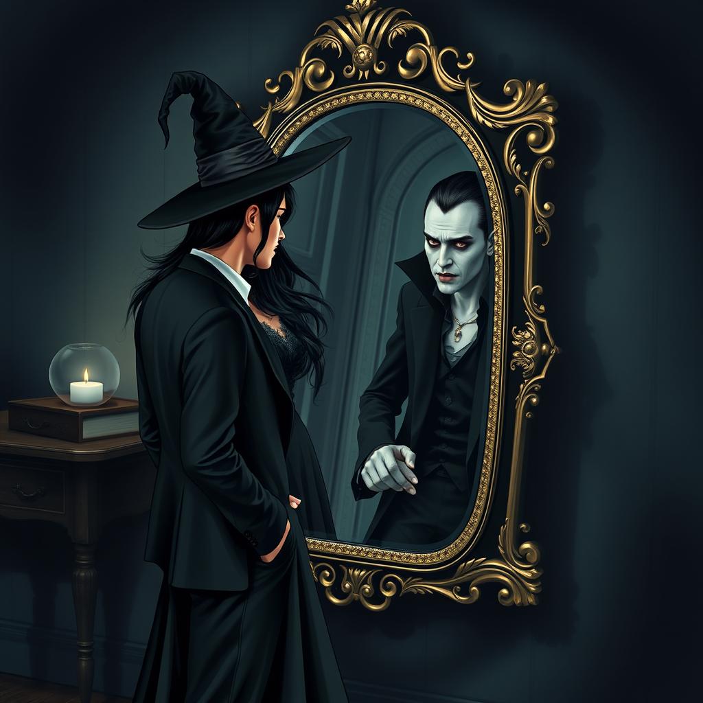 A beautiful couple consisting of a man and a woman stands near an ornate, antique mirror