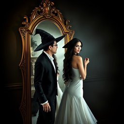 A beautiful couple consisting of a man and a woman stands near an ornate, antique mirror