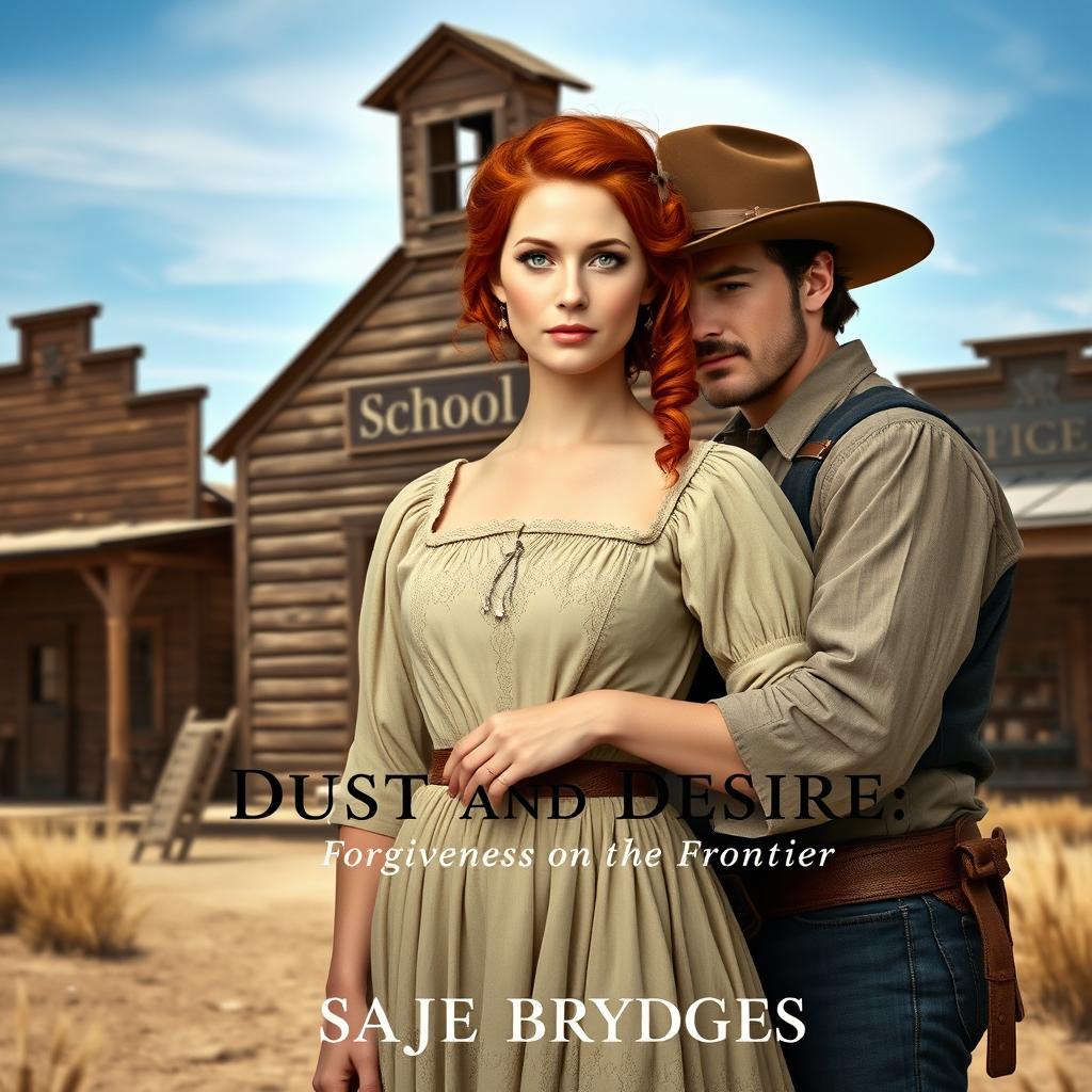 A historical western romance scene set in the 1800s in the western United States