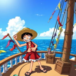 A vibrant character design of Luffy from One Piece, showcasing his straw hat, trademark red vest, and blue shorts