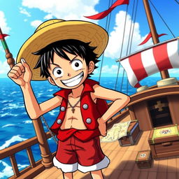 A vibrant character design of Luffy from One Piece, showcasing his straw hat, trademark red vest, and blue shorts