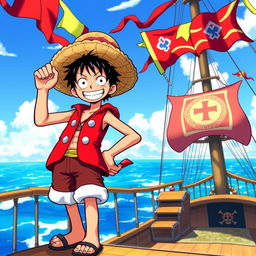 A vibrant character design of Luffy from One Piece, showcasing his straw hat, trademark red vest, and blue shorts