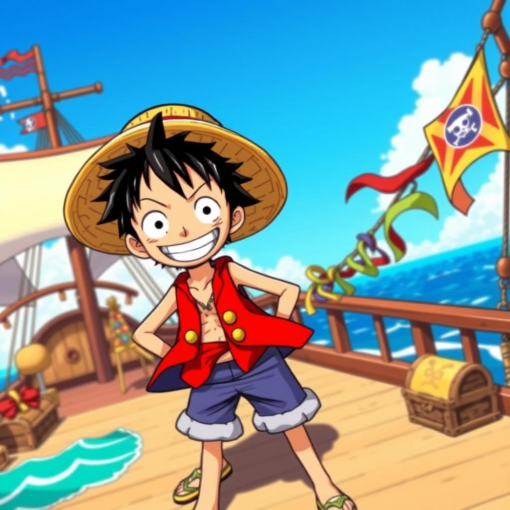 A vibrant character design of Luffy from One Piece, showcasing his straw hat, trademark red vest, and blue shorts