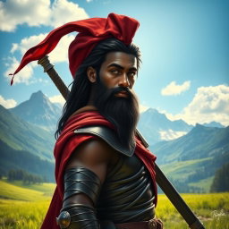 A young black man with long hair and a long beard, depicted as an ancient warrior