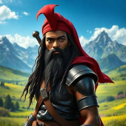 A young black man with long hair and a long beard, depicted as an ancient warrior