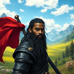 A young black man with long hair and a long beard, depicted as an ancient warrior