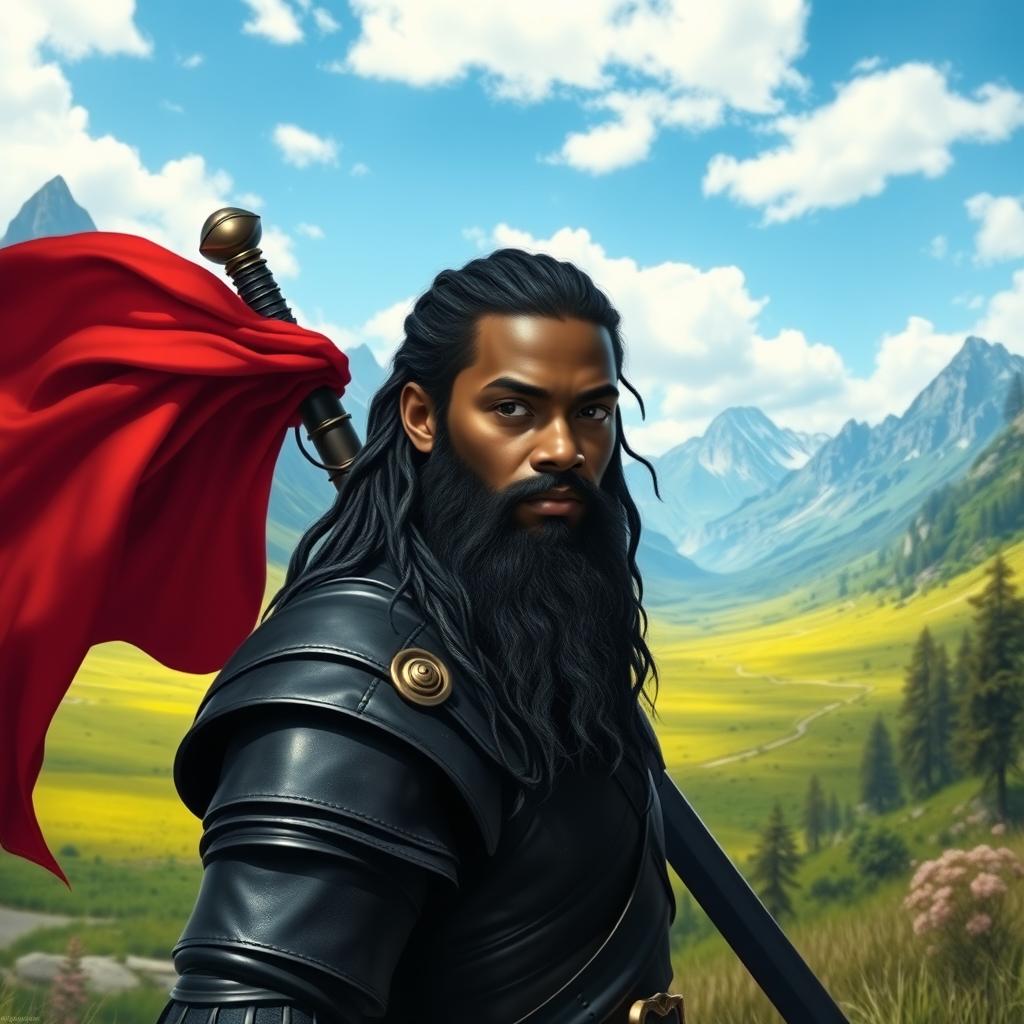 A young black man with long hair and a long beard, depicted as an ancient warrior