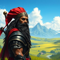 A young black man with long hair and a long beard, depicted as an ancient warrior