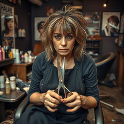 A tired and sad hairdresser sitting in a salon, holding thinning shears in her hands