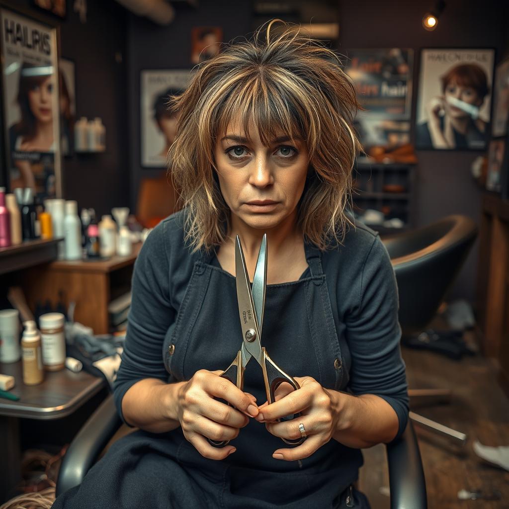 A tired and sad hairdresser sitting in a salon, holding thinning shears in her hands