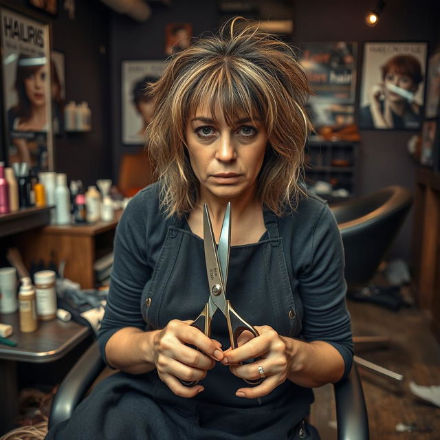 A tired and sad hairdresser sitting in a salon, holding thinning shears in her hands