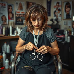 A tired and sad hairdresser sitting in a salon, holding thinning shears in her hands