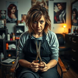 A tired and sad hairdresser sitting in a salon, holding thinning shears in her hands