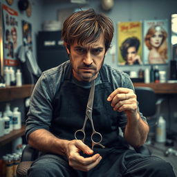A tired and sad male hairdresser sitting in a salon, holding thinning shears in his hands