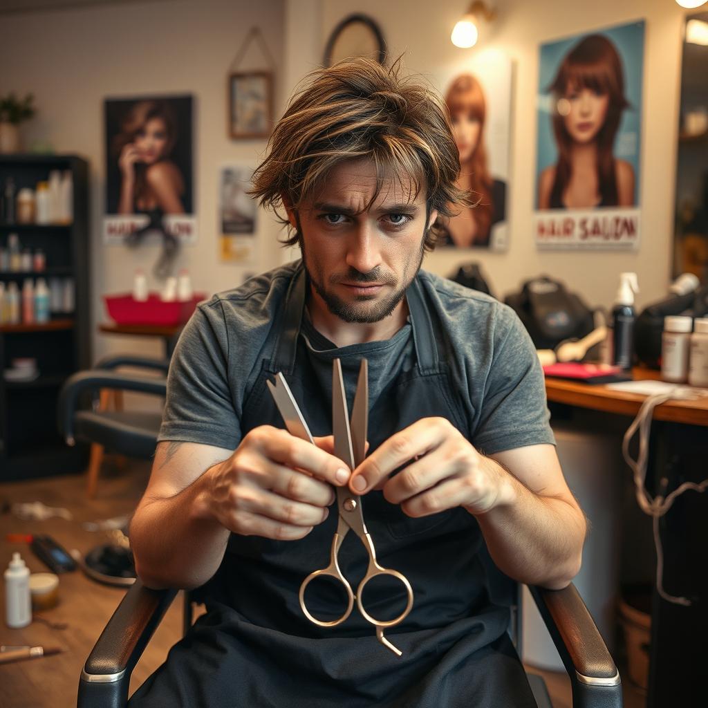 A tired and sad male hairdresser sitting in a salon, holding thinning shears in his hands