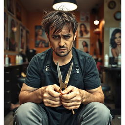 A tired and sad male hairdresser sitting in a salon, holding thinning shears in his hands