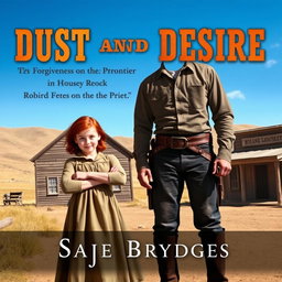 A captivating historical western romance scene set in the 1800s, showcasing a small-statured red-haired woman with green eyes, dressed in a modest period-appropriate dress, standing confidently in front of a rustic wooden schoolhouse