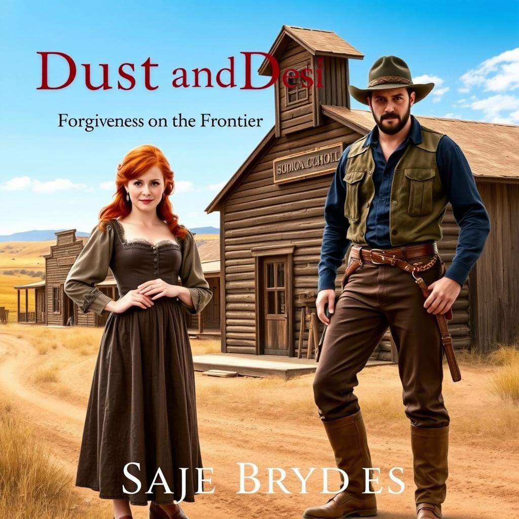 A captivating historical western romance scene set in the 1800s, showcasing a small-statured red-haired woman with green eyes, dressed in a modest period-appropriate dress, standing confidently in front of a rustic wooden schoolhouse