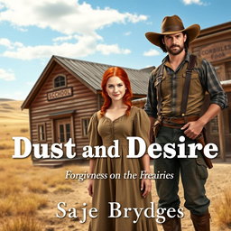 A captivating historical western romance scene set in the 1800s, showcasing a small-statured red-haired woman with green eyes, dressed in a modest period-appropriate dress, standing confidently in front of a rustic wooden schoolhouse