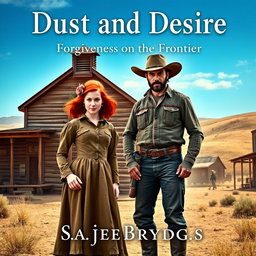 A captivating historical western romance scene set in the 1800s, showcasing a small-statured red-haired woman with green eyes, dressed in a modest period-appropriate dress, standing confidently in front of a rustic wooden schoolhouse