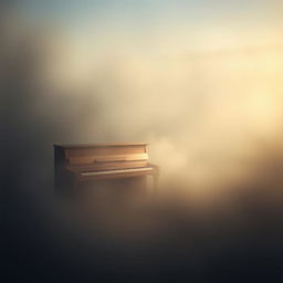 A serene and atmospheric scene depicting a solo piano placed in a misty landscape