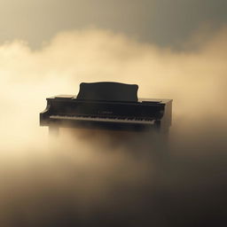 A serene and atmospheric scene depicting a solo piano placed in a misty landscape