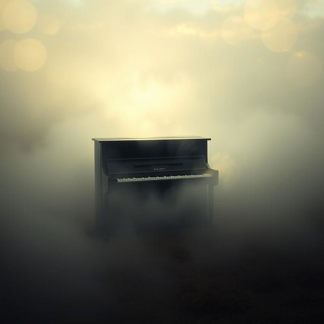 A serene and atmospheric scene depicting a solo piano placed in a misty landscape