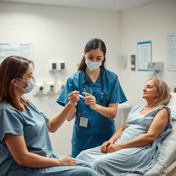 A professional healthcare setting featuring a female nurse in scrubs, administering a vaccination to a patient