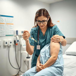 A professional healthcare setting featuring a female nurse in scrubs, administering a vaccination to a patient