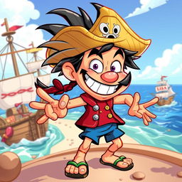 A vibrant and dynamic illustration of a character inspired by pirate adventures, featuring exaggerated expressions and colorful attire