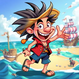 A vibrant and dynamic illustration of a character inspired by pirate adventures, featuring exaggerated expressions and colorful attire