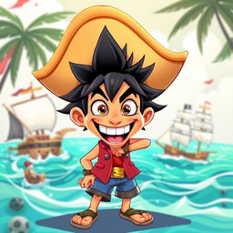 A vibrant and dynamic illustration of a character inspired by pirate adventures, featuring exaggerated expressions and colorful attire