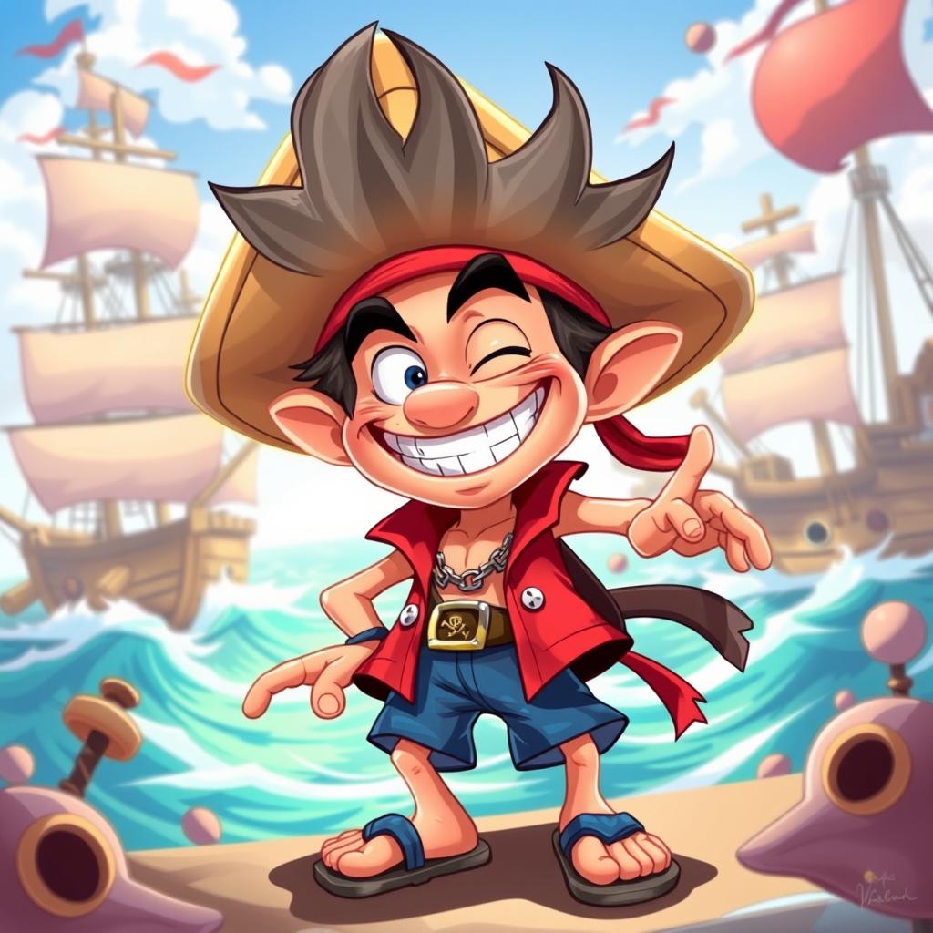 A vibrant and dynamic illustration of a character inspired by pirate adventures, featuring exaggerated expressions and colorful attire