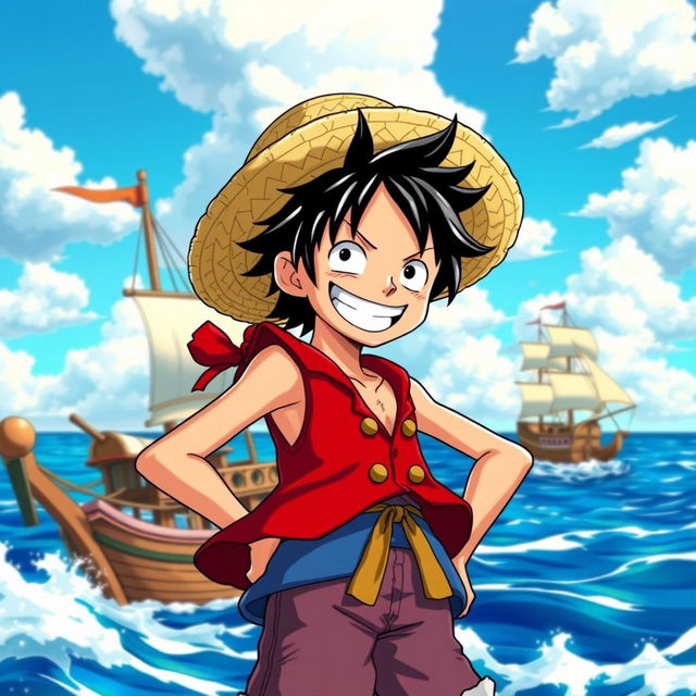 A highly detailed and colorful illustration of Luffy from the anime, showcasing his iconic look