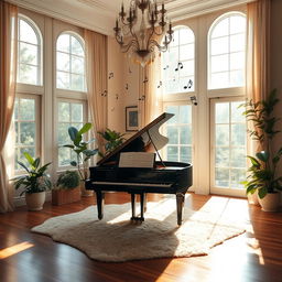 A serene and inviting scene featuring a grand piano situated in a sunlit room with large windows, showcasing musical notes dancing in the air around the piano