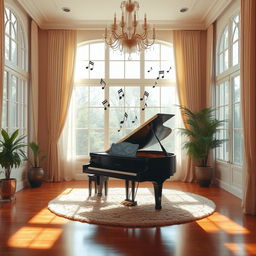 A serene and inviting scene featuring a grand piano situated in a sunlit room with large windows, showcasing musical notes dancing in the air around the piano
