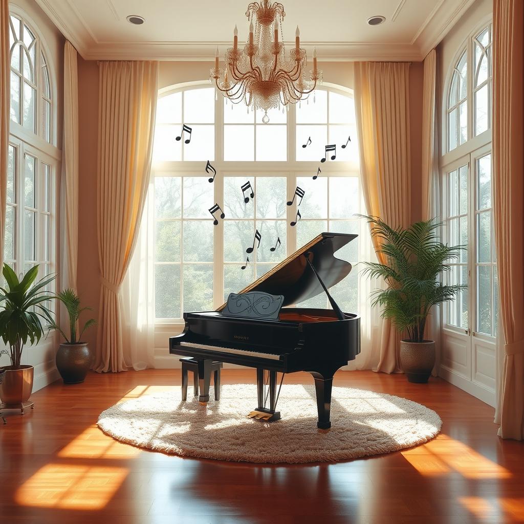A serene and inviting scene featuring a grand piano situated in a sunlit room with large windows, showcasing musical notes dancing in the air around the piano
