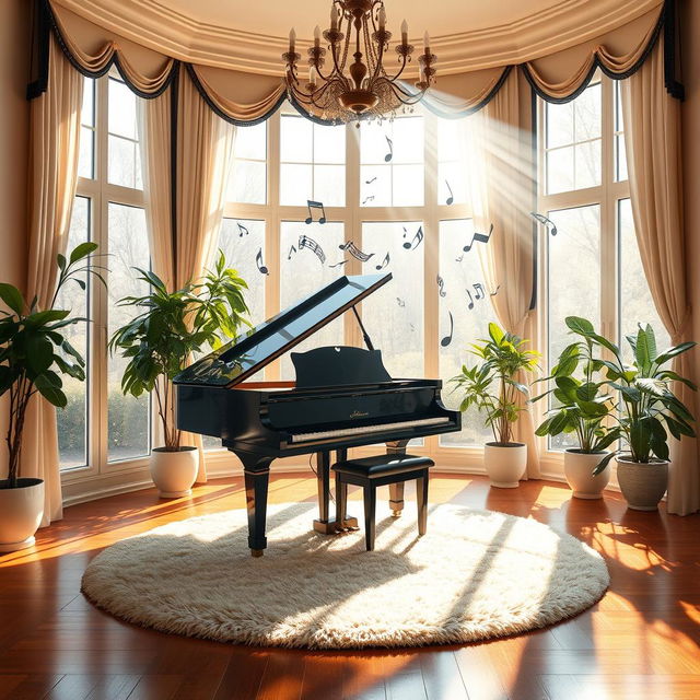 A serene and inviting scene featuring a grand piano situated in a sunlit room with large windows, showcasing musical notes dancing in the air around the piano