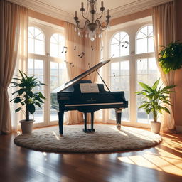 A serene and inviting scene featuring a grand piano situated in a sunlit room with large windows, showcasing musical notes dancing in the air around the piano